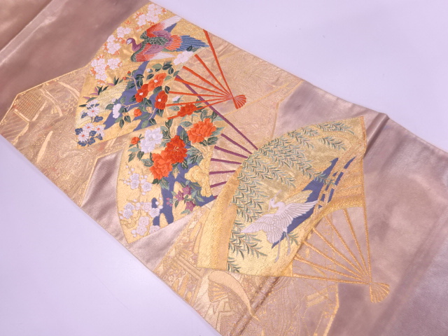 アンティーク　扇に花鳥模様織出し袋帯（材料）